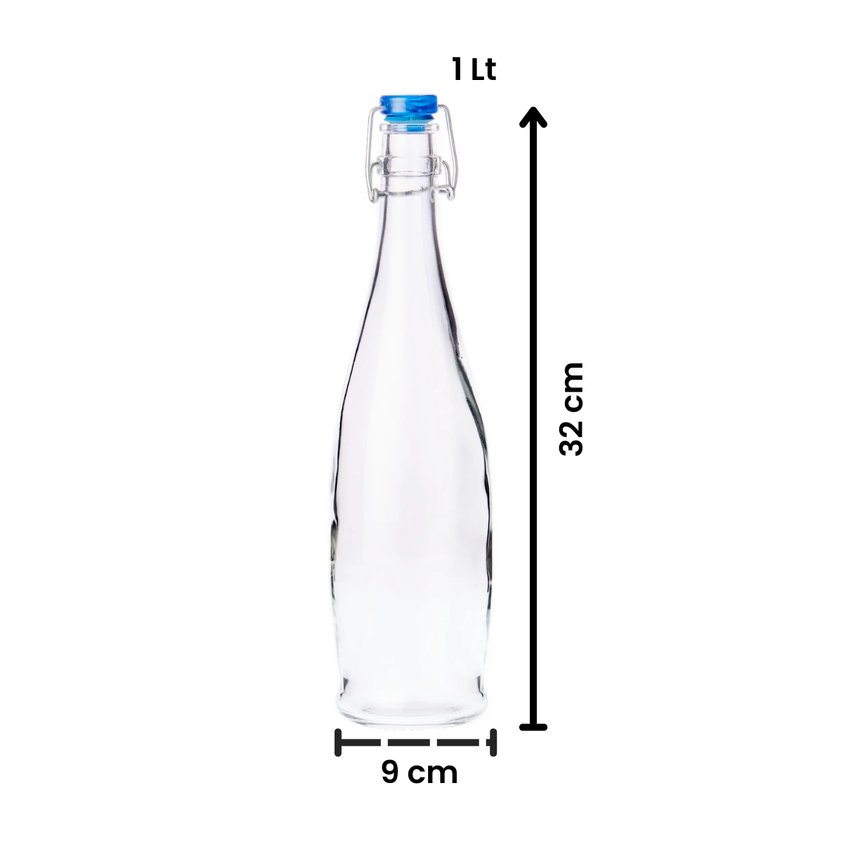 botella hermetico de vidrio con tapa azul y medidas en fondo blanco