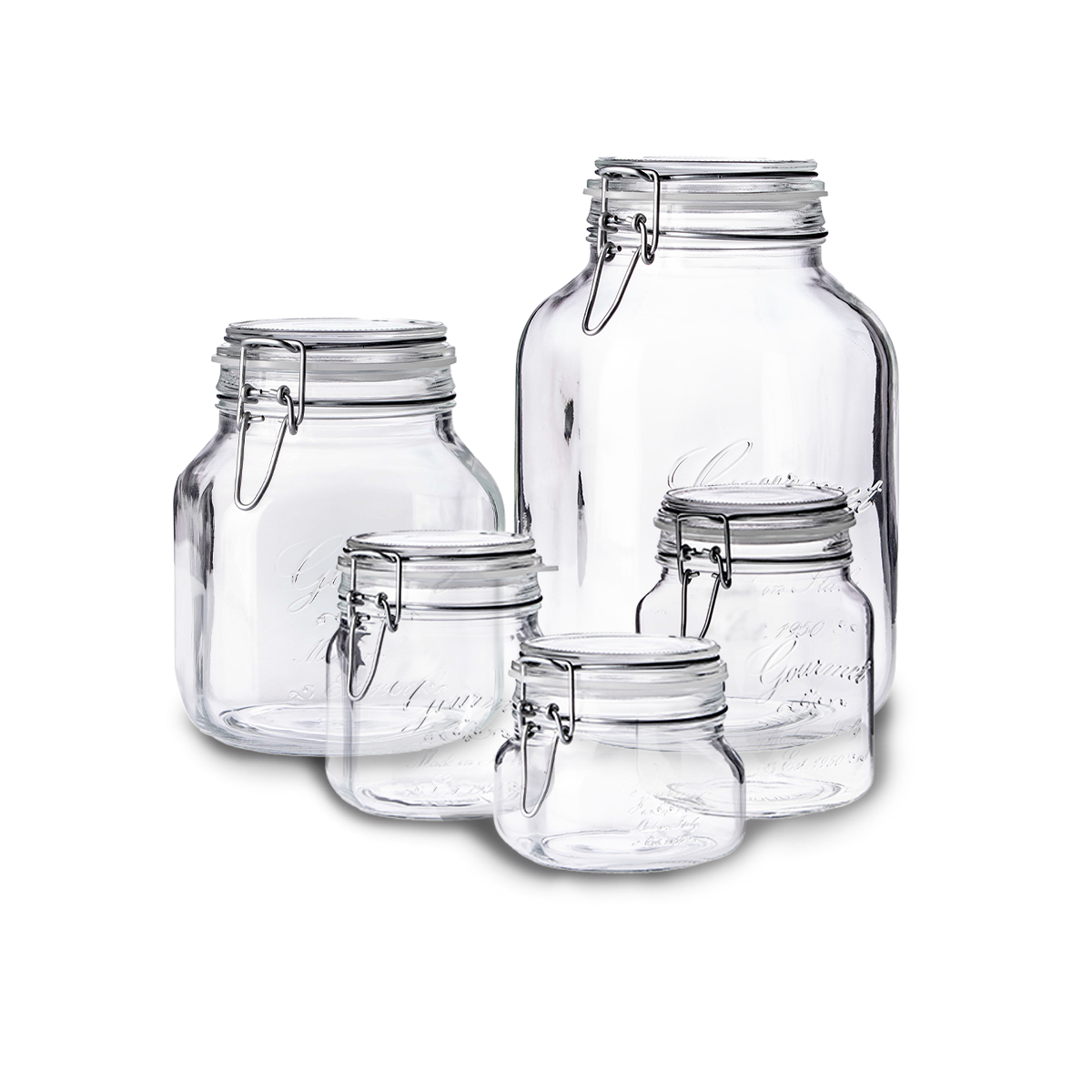 varios tamaños de contenedores hermeticos de vidrio grabados elegantes en fondo blanco