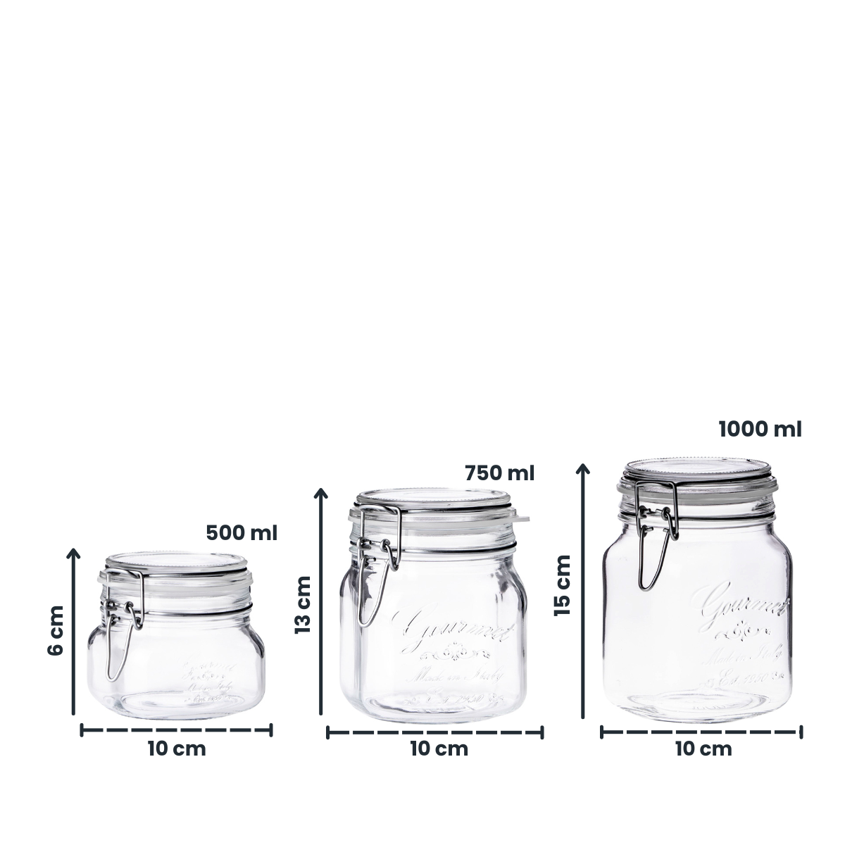 medidas de tarros de vidrio hermeticos cierre de clip para cafe, azucar o mermelada en fondo blanco