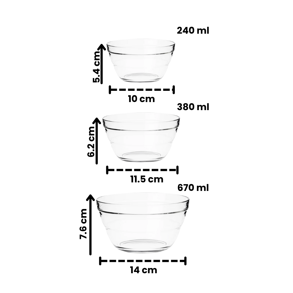 medidas de tazones de vidrio apilables en fondo blanco