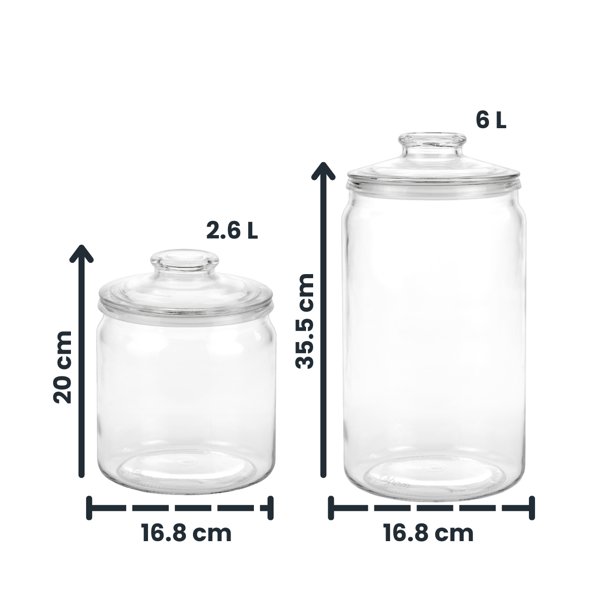 medidas de frasco emporium de vidrio tipo galletero para galletaso dulces en fondo blanco