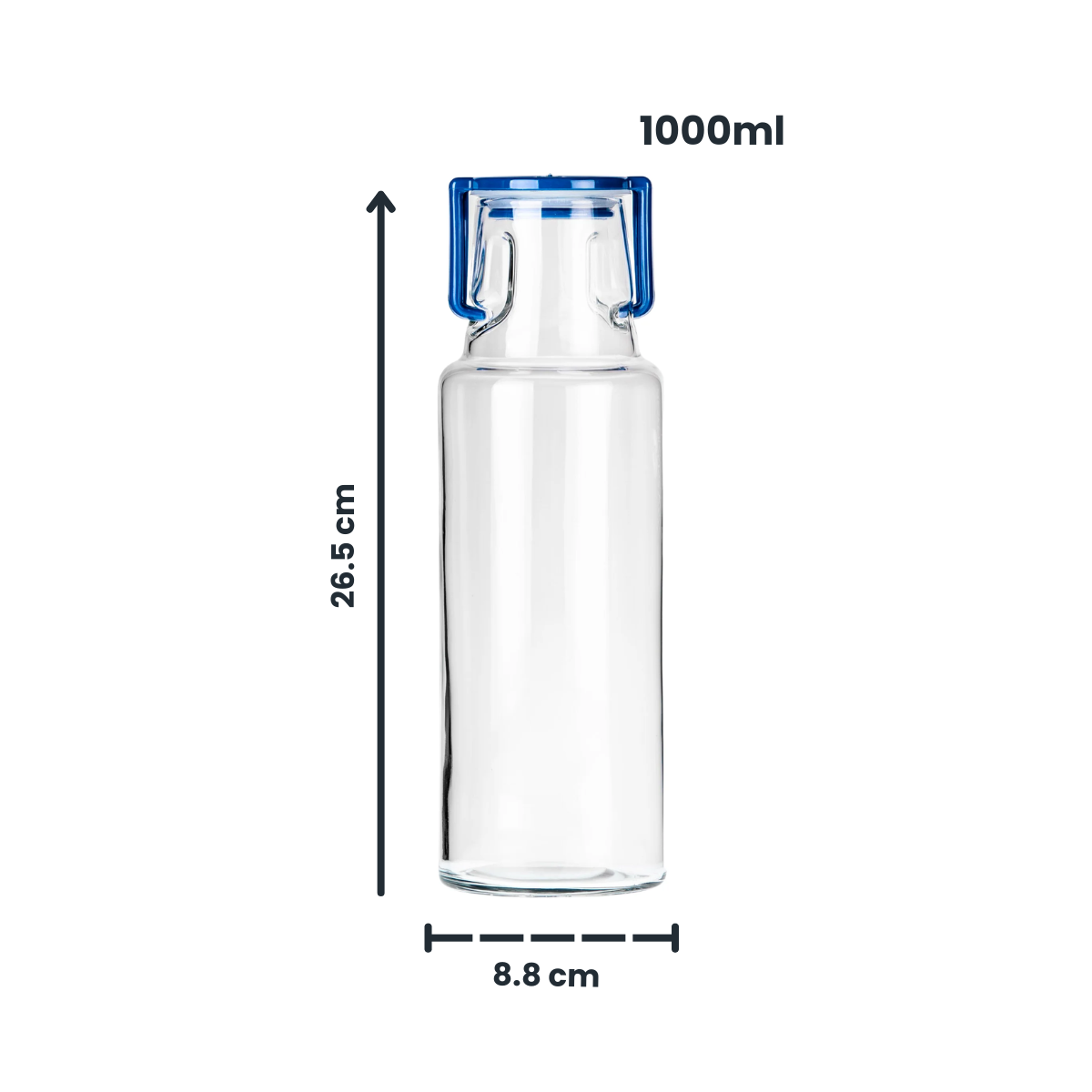 fenicie botella de vidrio con tapa de plastico azul y medidas en fondo blanco