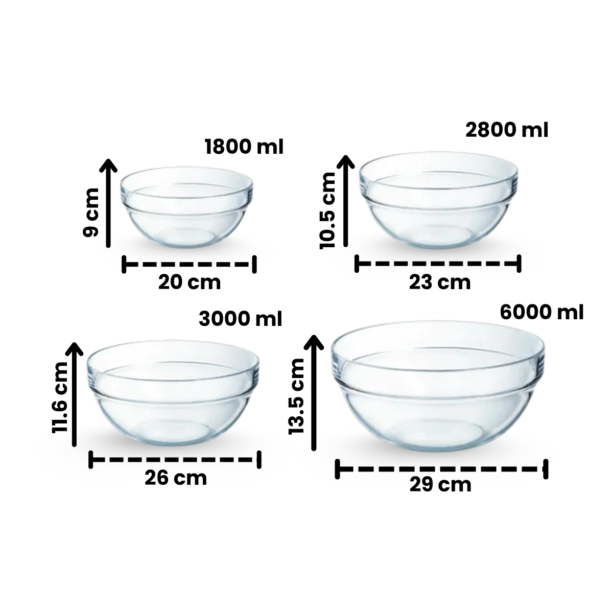 medidas de glass tazones de vidrio apilables en fondo blanco