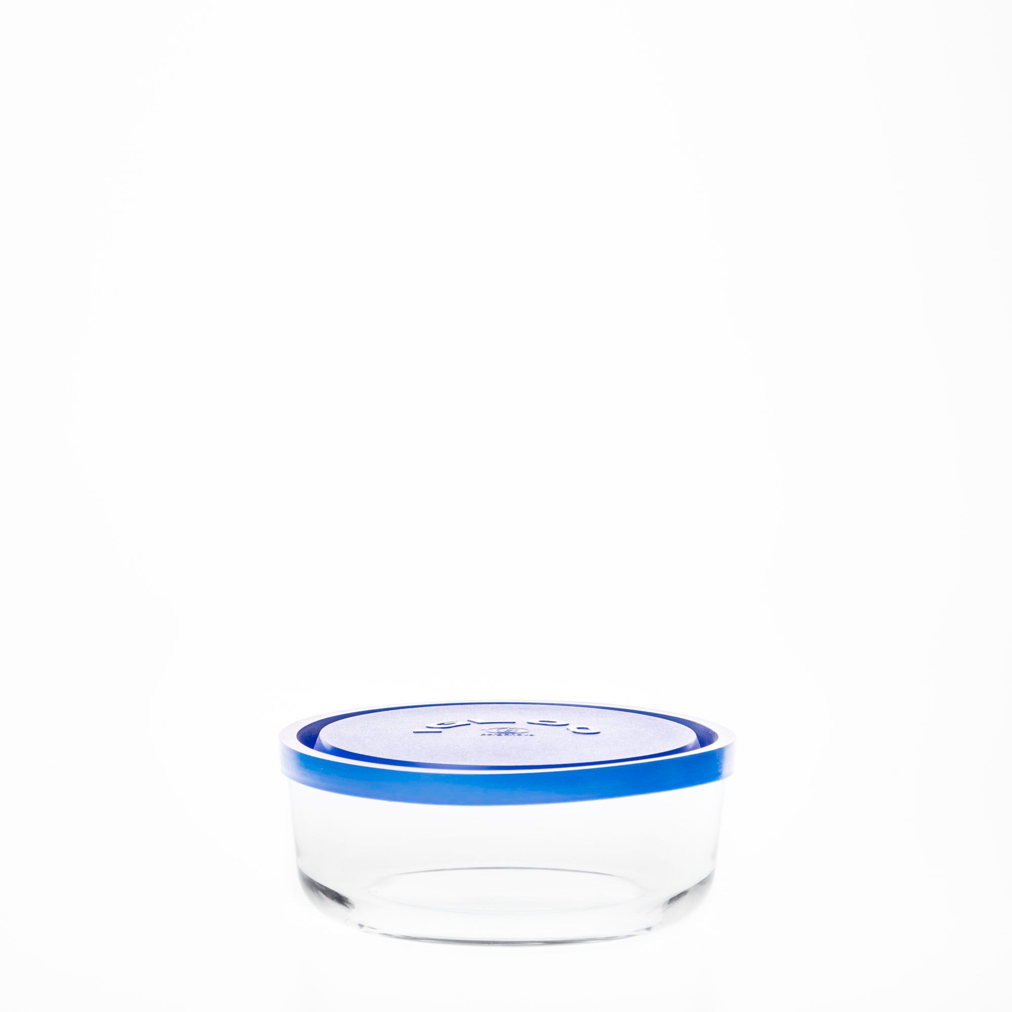 tazon circular de vidrio igloo de capacidad 800 ml con tapa azul apilable para fruta o verduras