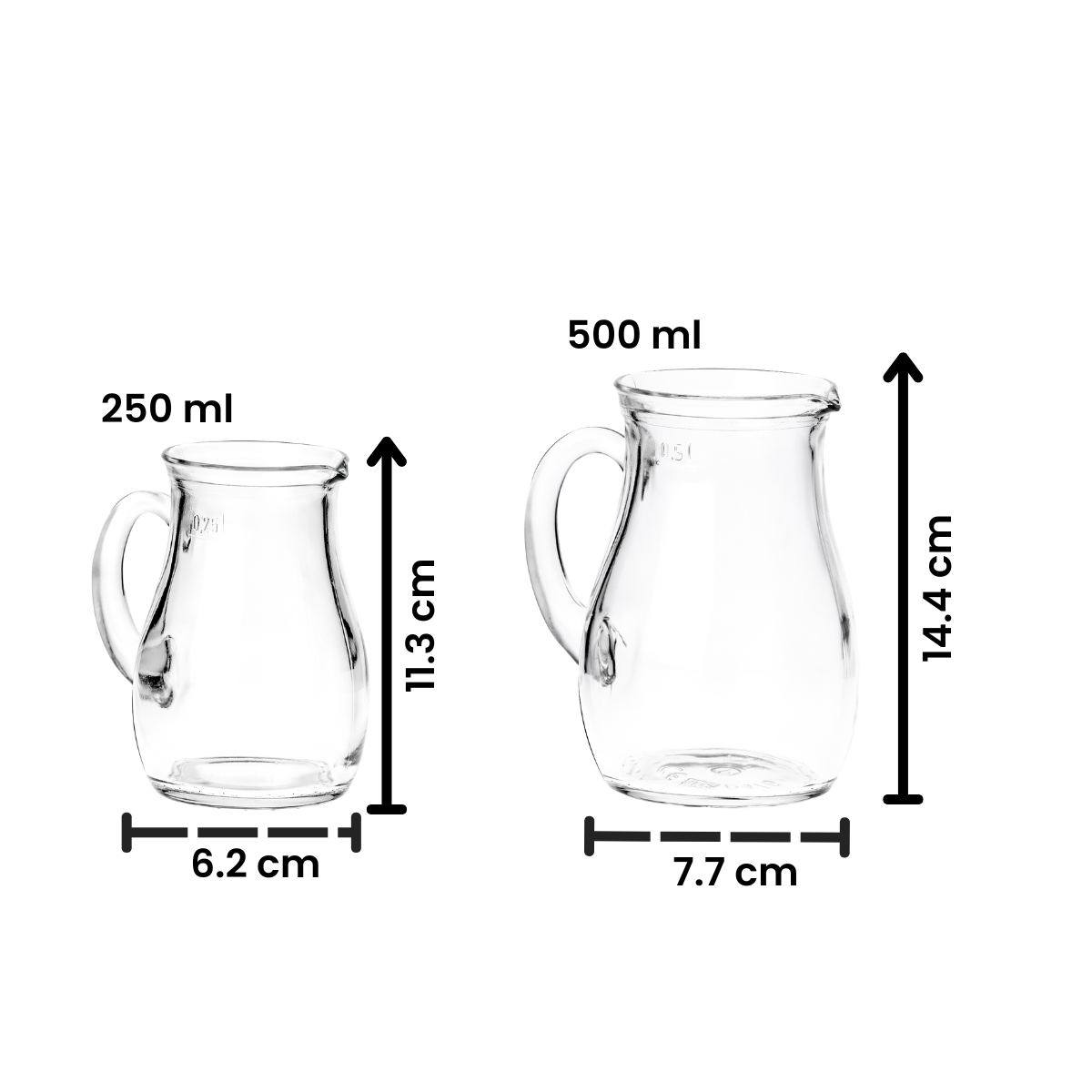 jarra con asa de cristal o vidrio en fondo blanco con medidas