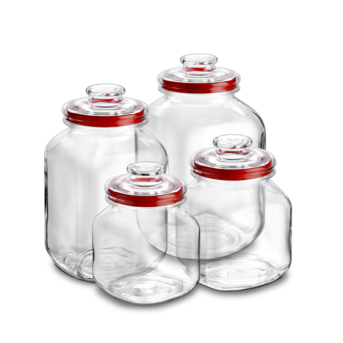 varios tamaños de frascos galleteros de vidrio en fondo blanco