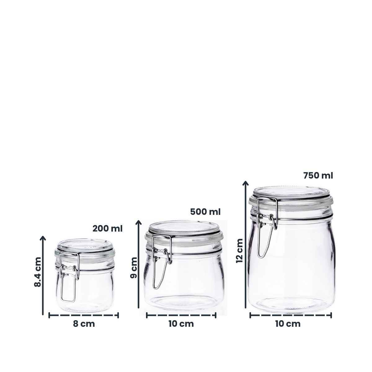 medidas de contenedores de vidrio con cierre de clip hermetico para conservas, cafe o dulces en fondo blanco