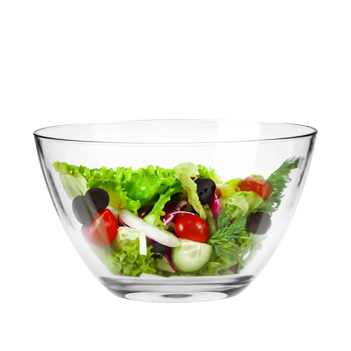 tazon de vidrio palladio con ensalada en fondo blanco