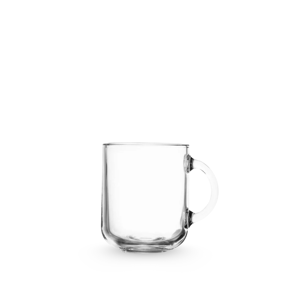 Taza de vidrio San Miguel de 374 ml, diseño transparente y elegante ideal para café, té o capuchino.