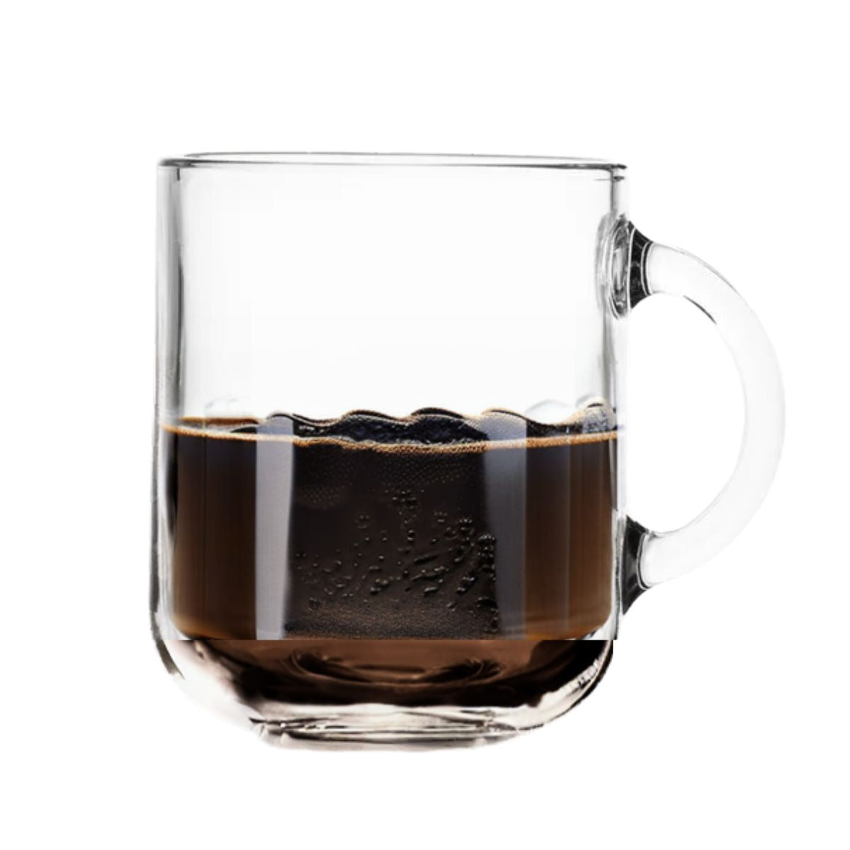 Taza San Miguel de vidrio transparente con café negro, realza el color y textura de la bebida.