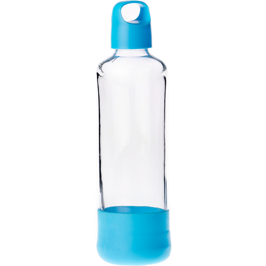 "Water2Go" Botella de Vidrio de 750ml. con Tapa Plástica y Protector Color Azul.