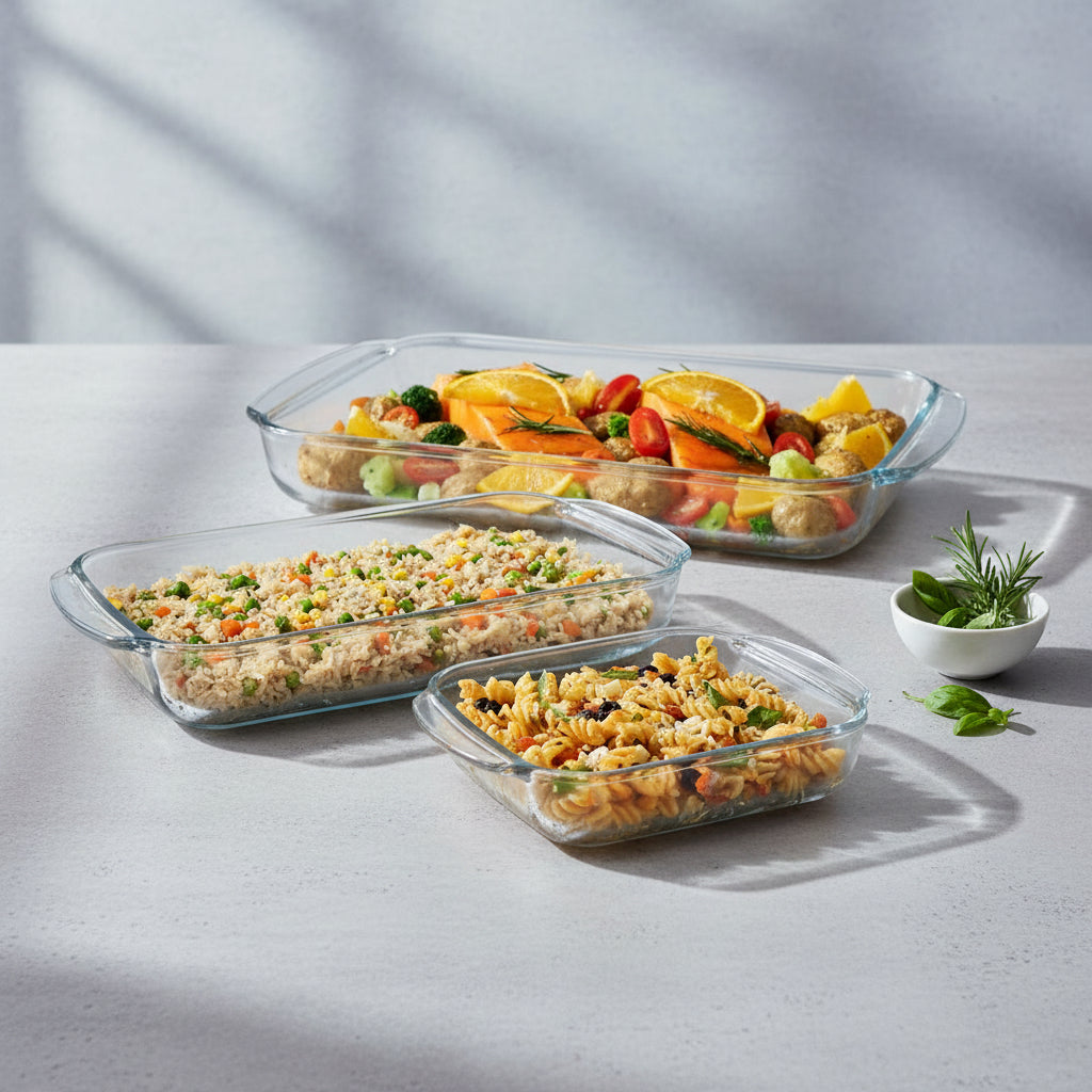 tres refractarios cuadrados y rectangulsres de vidrio para uso en cenas o comidas en una superficie de concreto