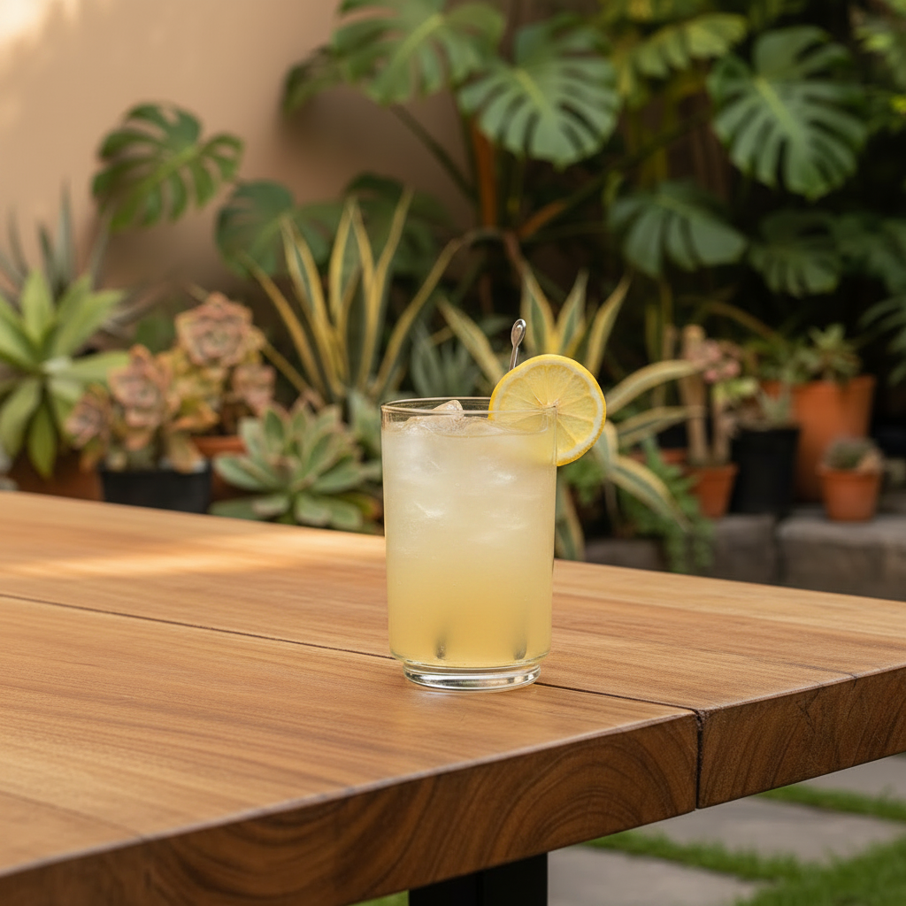 vaso alegro juego de 6 piezas en una mesa del exterior de una casa con jugo de limon