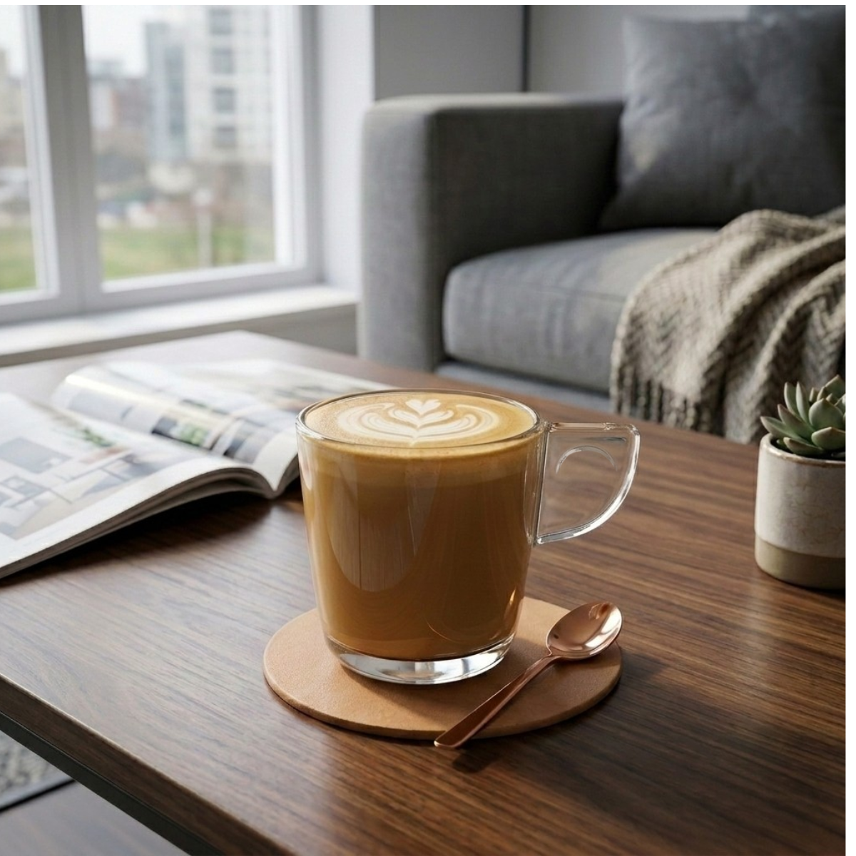 taza de vidrio con asa moderna marca europea para uso diario en invierno y días nublados 