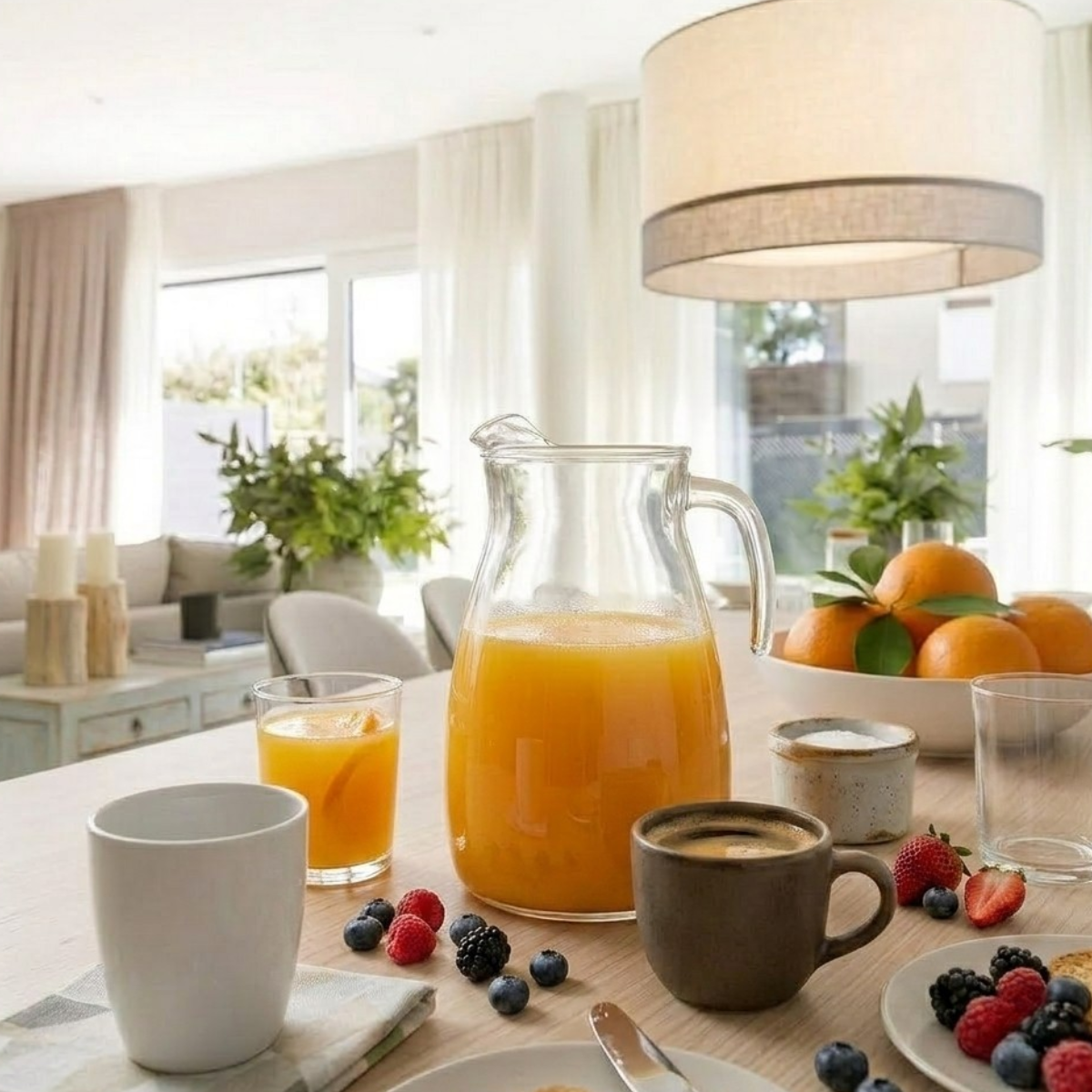 artic jarra de vidrio para uso en casa jardin hogar con agua de sabor sencilla o jugo de naranja sandia o manzana en el comedor de tu casa con cafe y fruta partida
