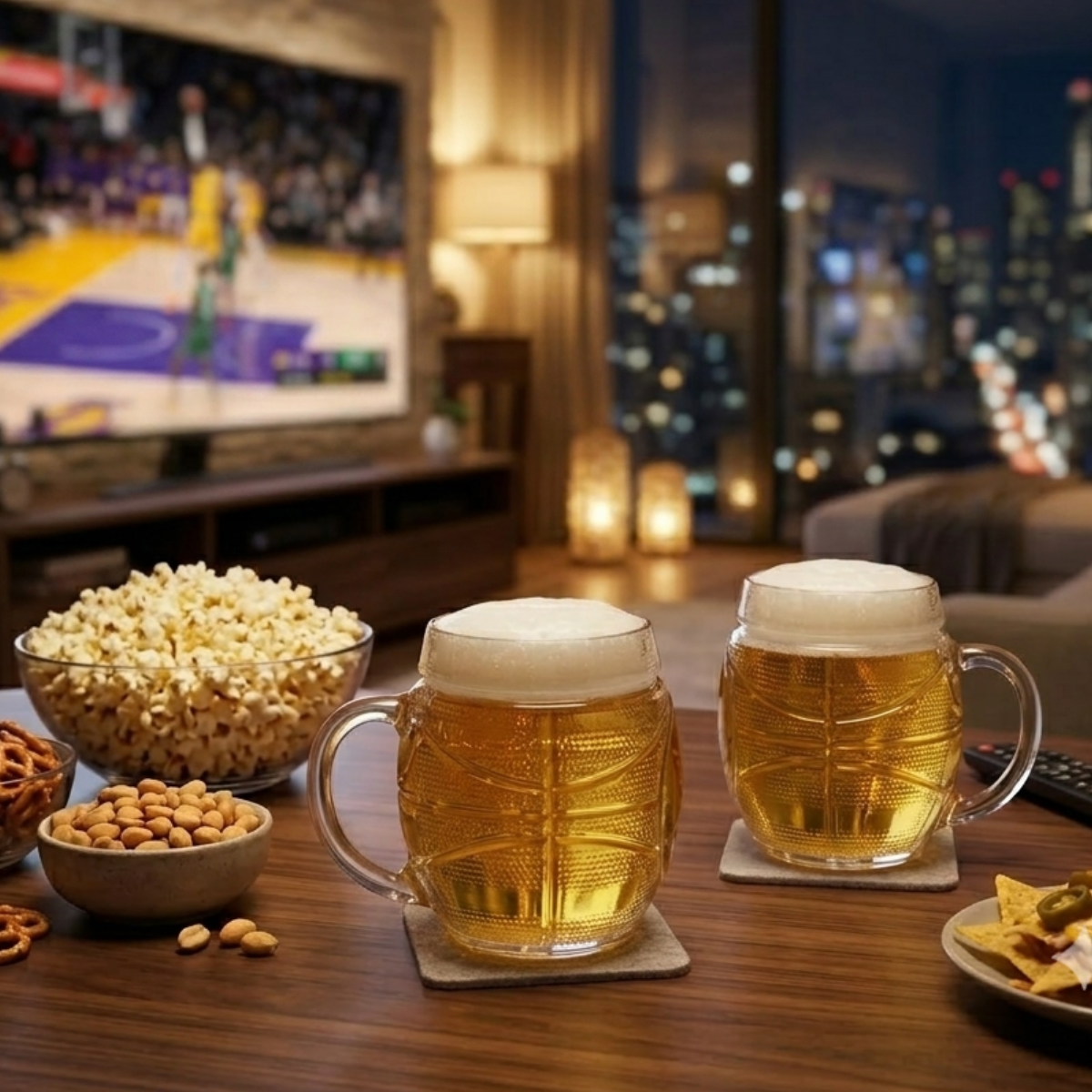 tarros de cerveza en forma de pelota de basketball para ver a tu equipo favorito en la tele con amigos o familia