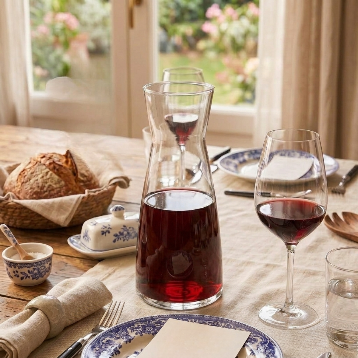 garrafa o jarra de vidrio para vino tinto claro o espumoso en una mesa de un comedor de una casa acogedora
