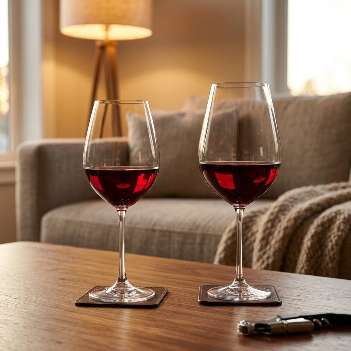 Dos copas de vidrio de la colección Columba con diferentes capacidades llenas de vino tinto sobre una mesa de madera frente a un sofá.