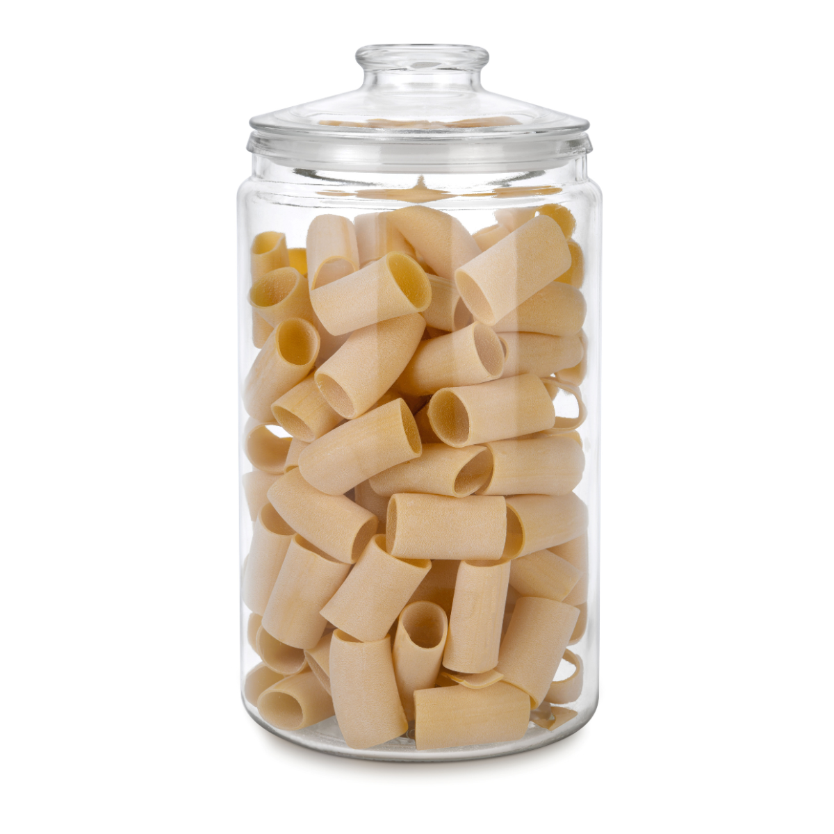 tarro alto de 6 litros elegante claro con pasta y tapa de vidrio en fondo blanco