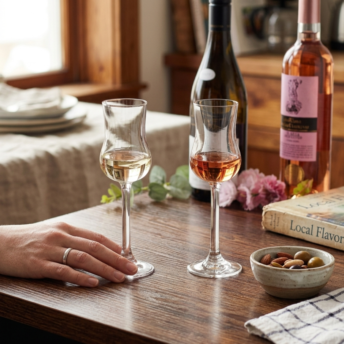 Dos copas de cristal Colibrí de tallo muy largo y forma de tulipán para grapa y digestivos, con líquido ámbar y rosado, sobre una mesa de madera. Una mano con anillo está cerca. Al fondo, botellas de licor y aperitivos en un ambiente cálido.