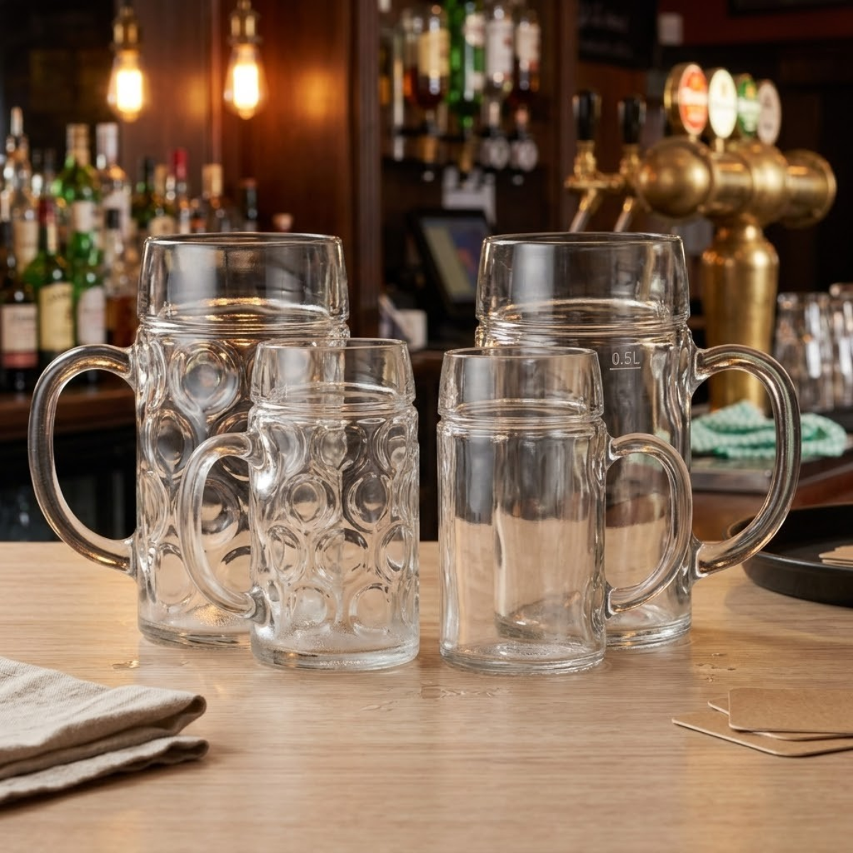 tarros de vidro de diferentes capacidades con texturas para uso rudo en bar o restaurante