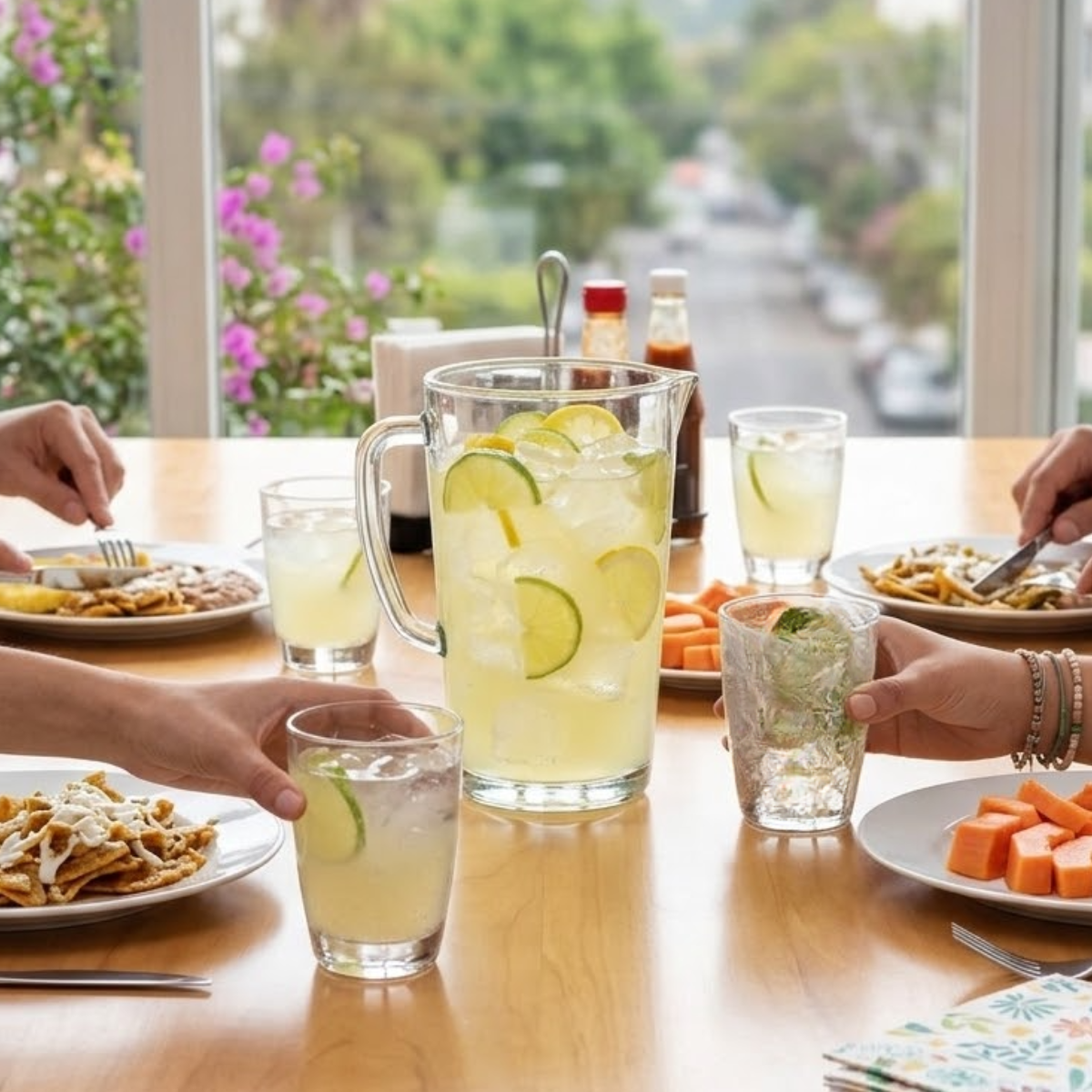jarra con vasos de vidrio genova para comidas, cenas,  desayunos en el hogar o jardín de tu casa