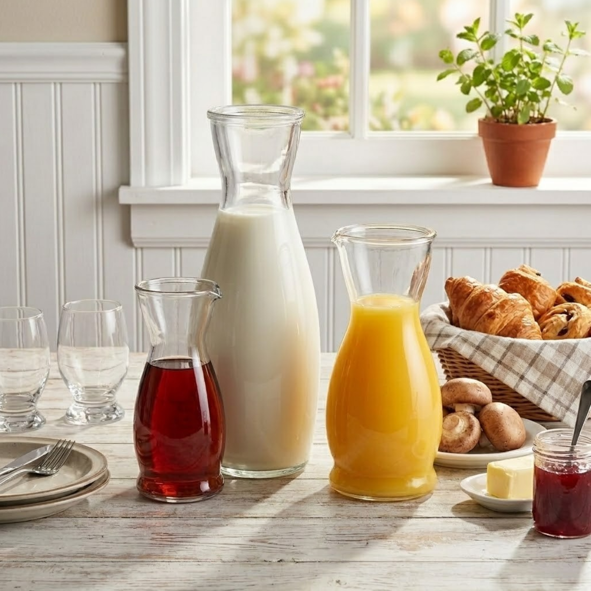 jarras de vidrio de varios tamaños y capacidades para desayunos, comidas etc