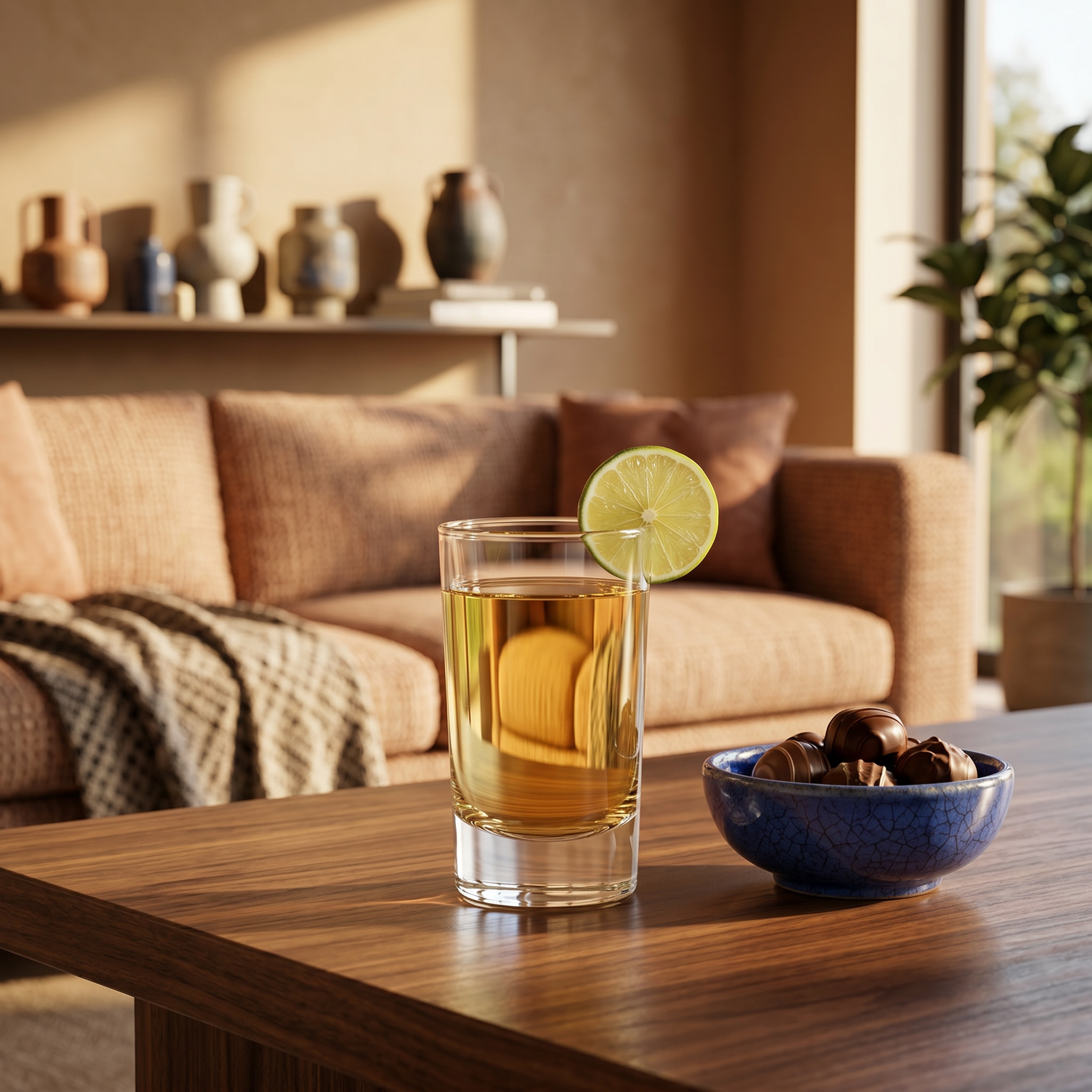 tequileros de vidrio con chocolates en mesa de una sala con tequila juego de 6 piezas de 140 ml 