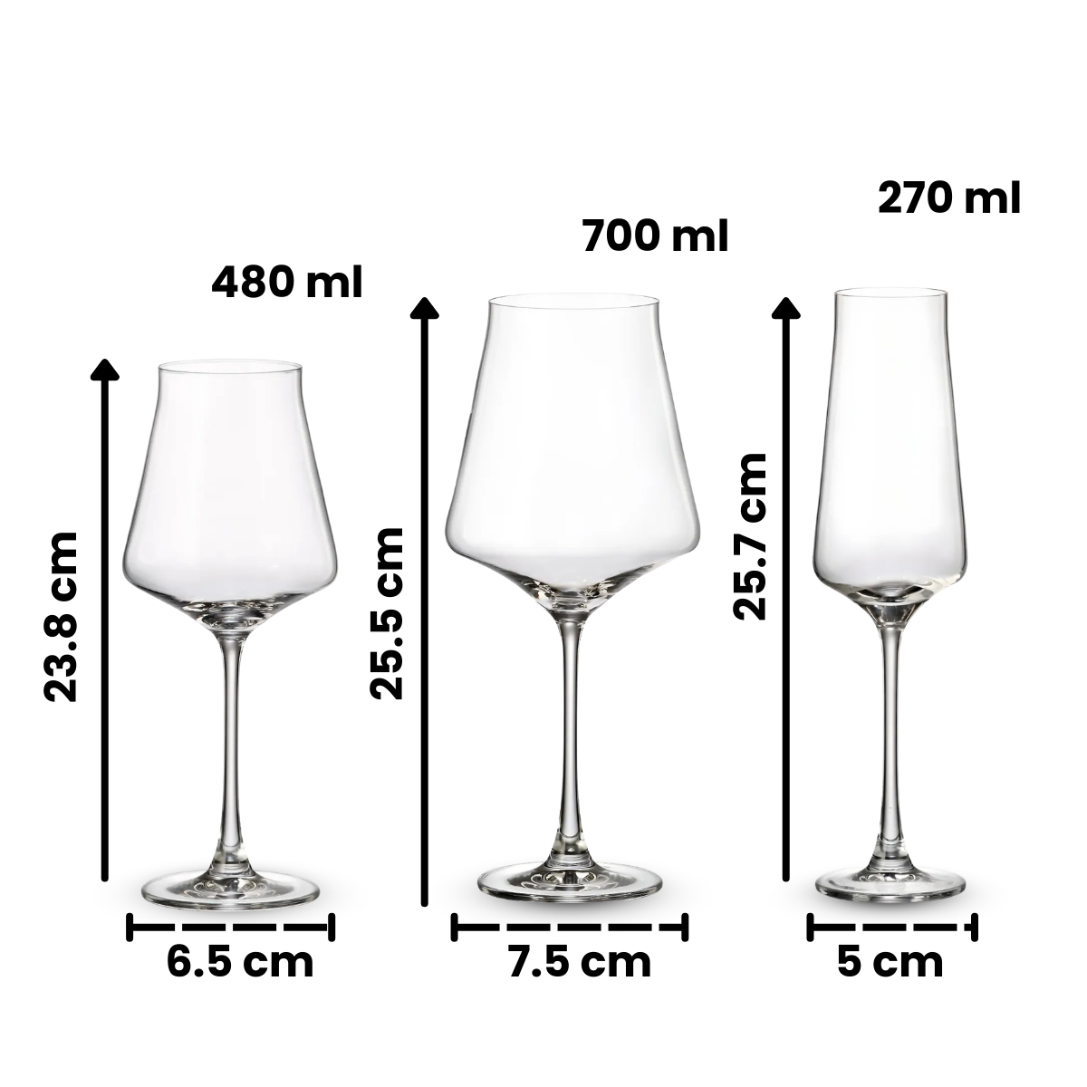 Medidas de copas Cettia 270 ml, 480 ml y 700 ml con diseño equilibrado y tallo estilizado
