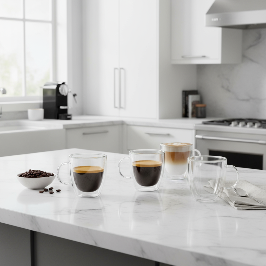 Juego de tazas Doppio de vidrio doble pared en cocina moderna, ideales para espresso o capuchino.