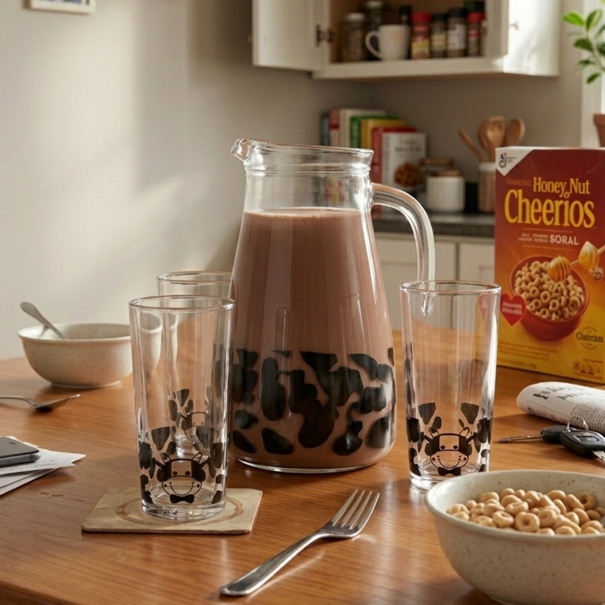 jarra de vidrio como manchas de vaca para leche chocolate 