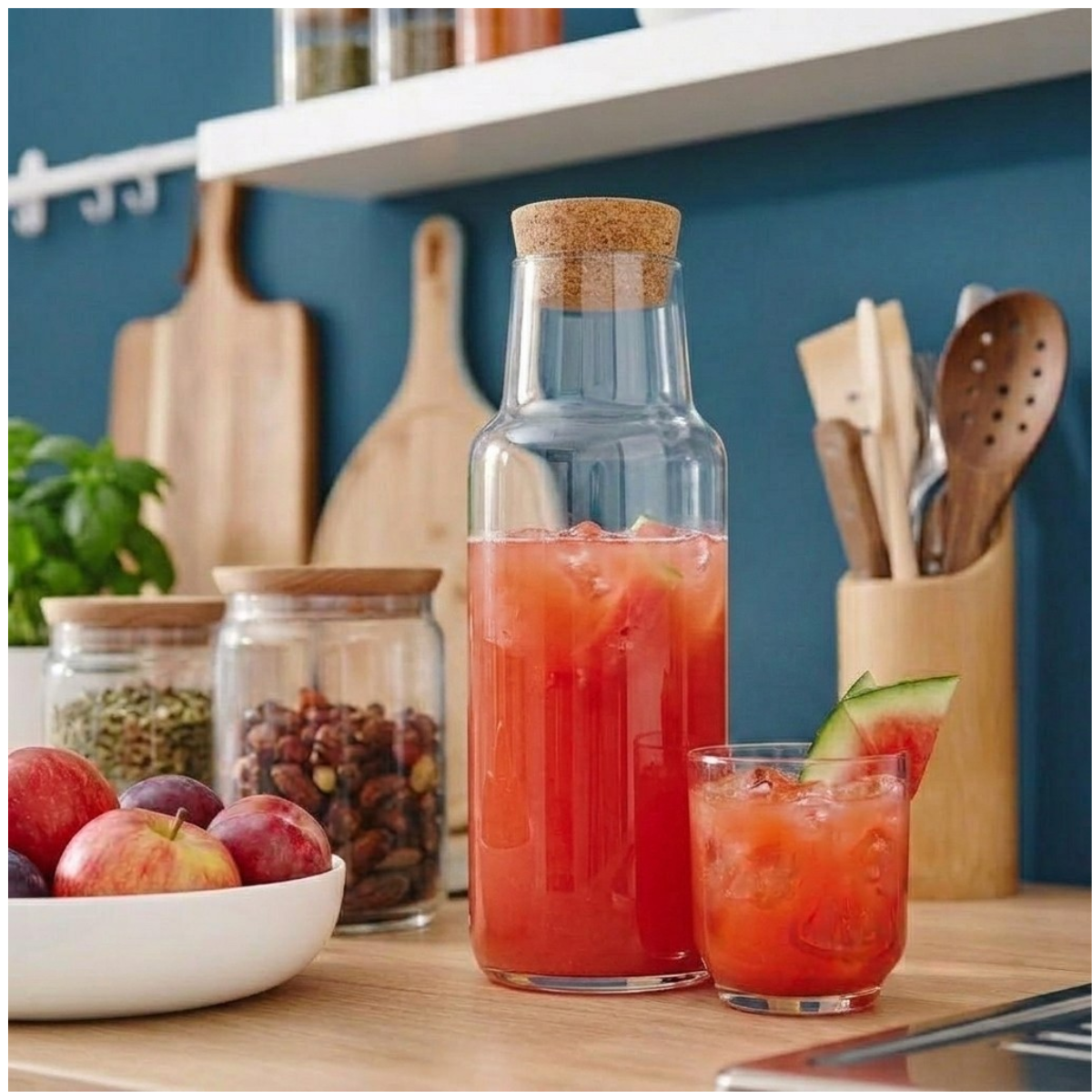 botella de vidrio con tampa de corcho set con 4 vasos modernos para uso diario