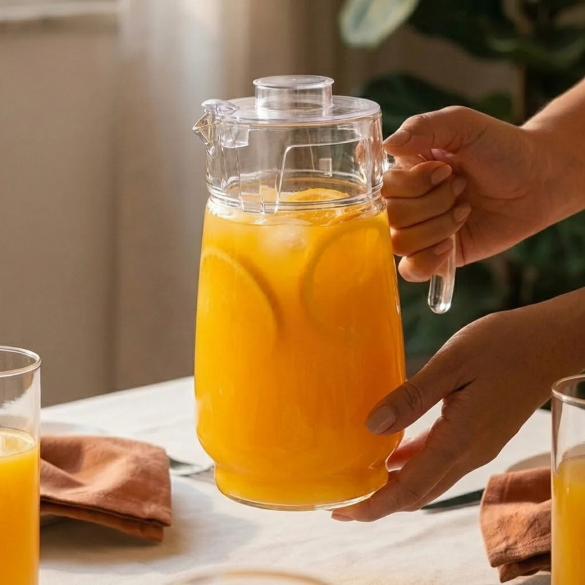 jarra de vidrio con tapa de plastcio de 1.6 ml para uso diario con agua, jugo o agua de sabor en casa, hotel, jardin y mas