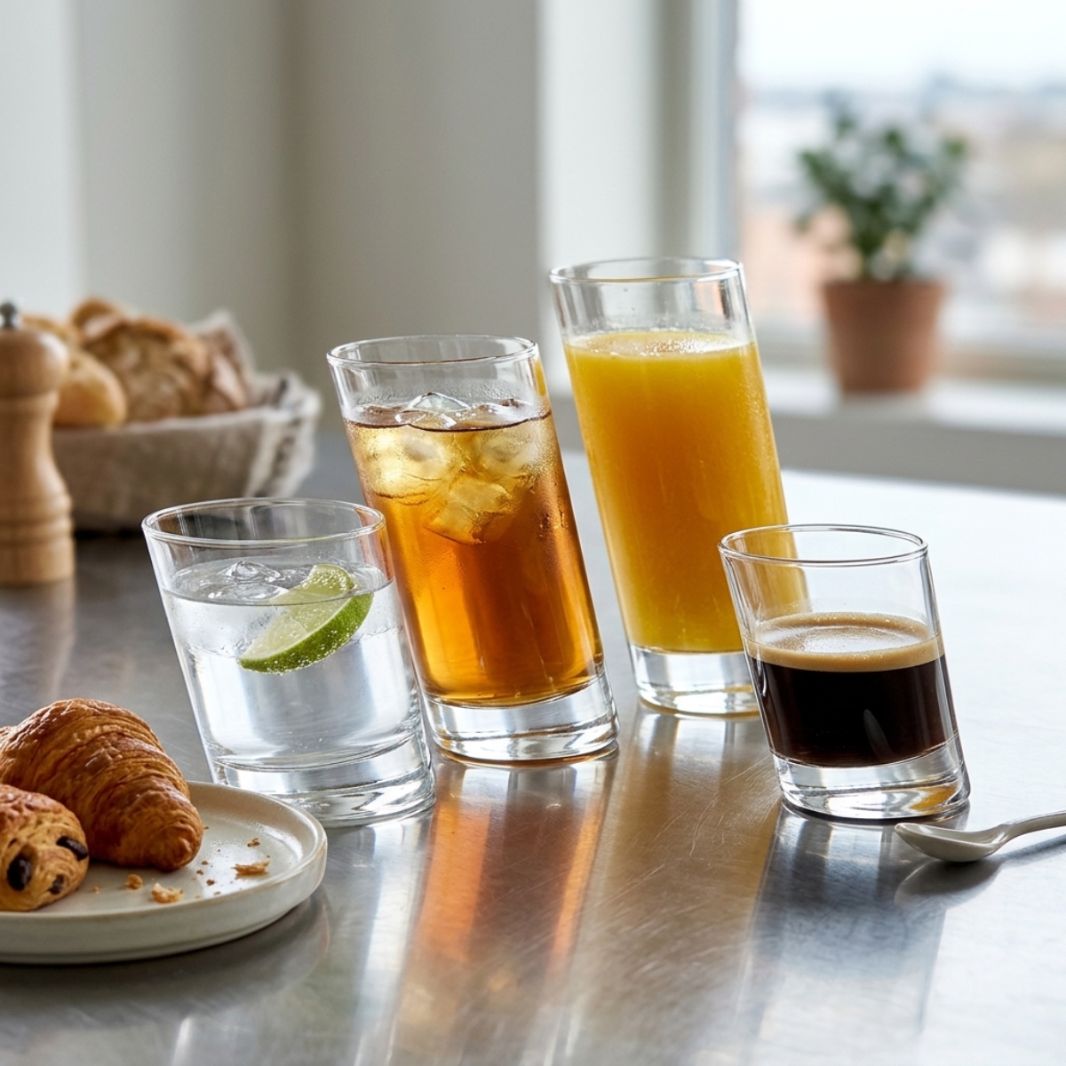 vasos inlicnados de vidrio varios tamaños para uso variado en comidas, desayunos o cenas