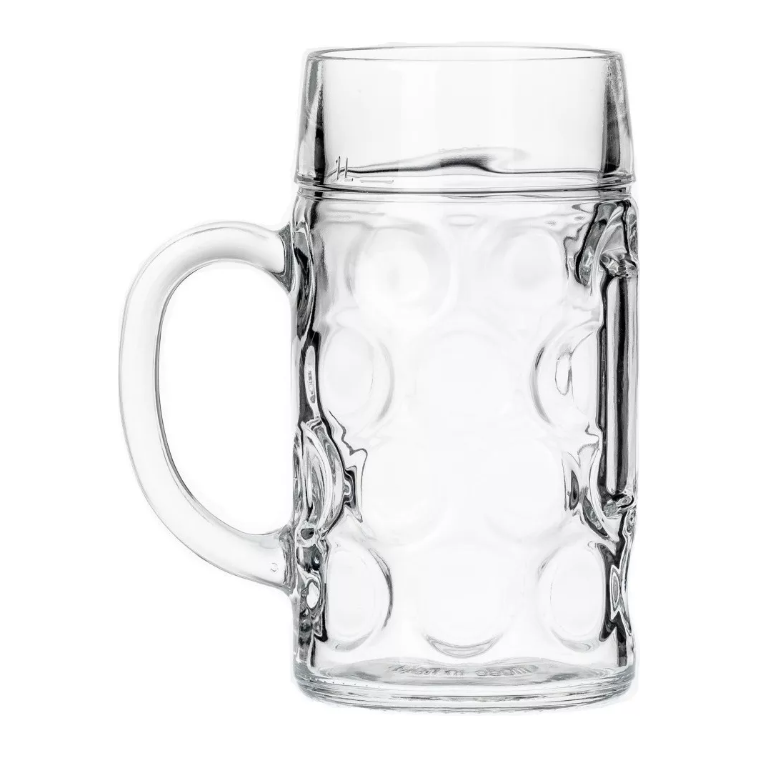 Tarro con bolitas hecho de vidrio de un litro para cerveza de uso en eventos y fiestas