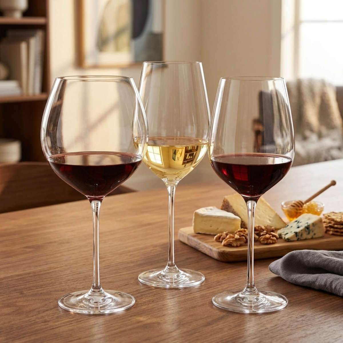Un set de tres copas de vino Uria de tallo largo y varias capacidades, dispuestas sobre una mesa de madera pulida. Las copas contienen vino tinto, vino blanco o rosado seco, y vino tinto. Al fondo, una tabla de quesos y nueces, y una sala de estar moderna bien iluminada
