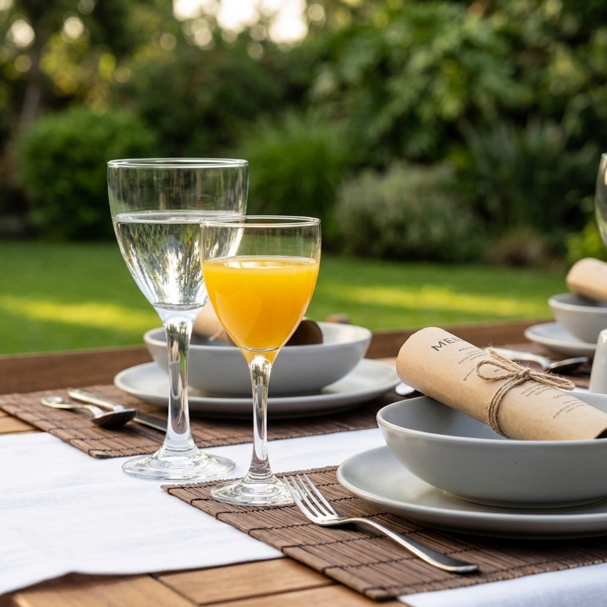 Una elegante mesa de comedor exterior en un jardín frondoso al aire libre. En el centro, dos copas de vino con tallo; una llena de agua clara y la otra con jugo de naranja vibrante. A la derecha, un tazón de cerámica gris con un menú de papel kraft enrollado y atado rústicamente con cordel de yute. La mesa de madera está vestida con un mantel blanco y manteles individuales de ratán marrón. El fondo es un jardín borroso y verde bajo la luz del sol.
