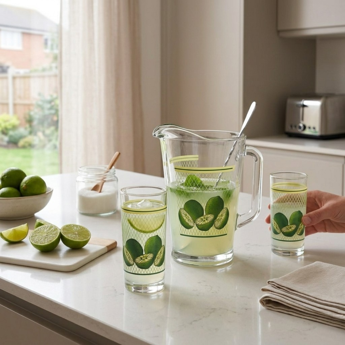jarra de vidrio verde con vasos de estilo,limon marca crisa para uso diario en casa o eventos.