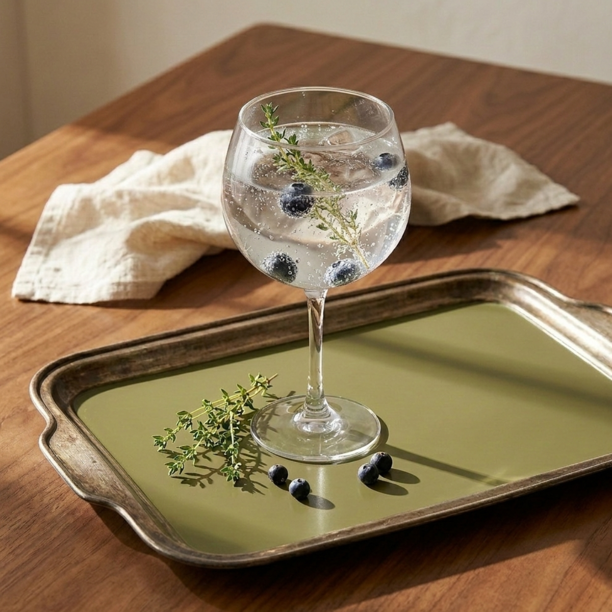 Una copa grande de gin-tonic llena de burbujas, cubitos de hielo, arándanos frescos y ramitas de tomillo fresco, servida sobre una bandeja de metal vintage con un interior de color verde oliva. Más arándanos sueltos y una ramita de tomillo descansan sobre la bandeja.