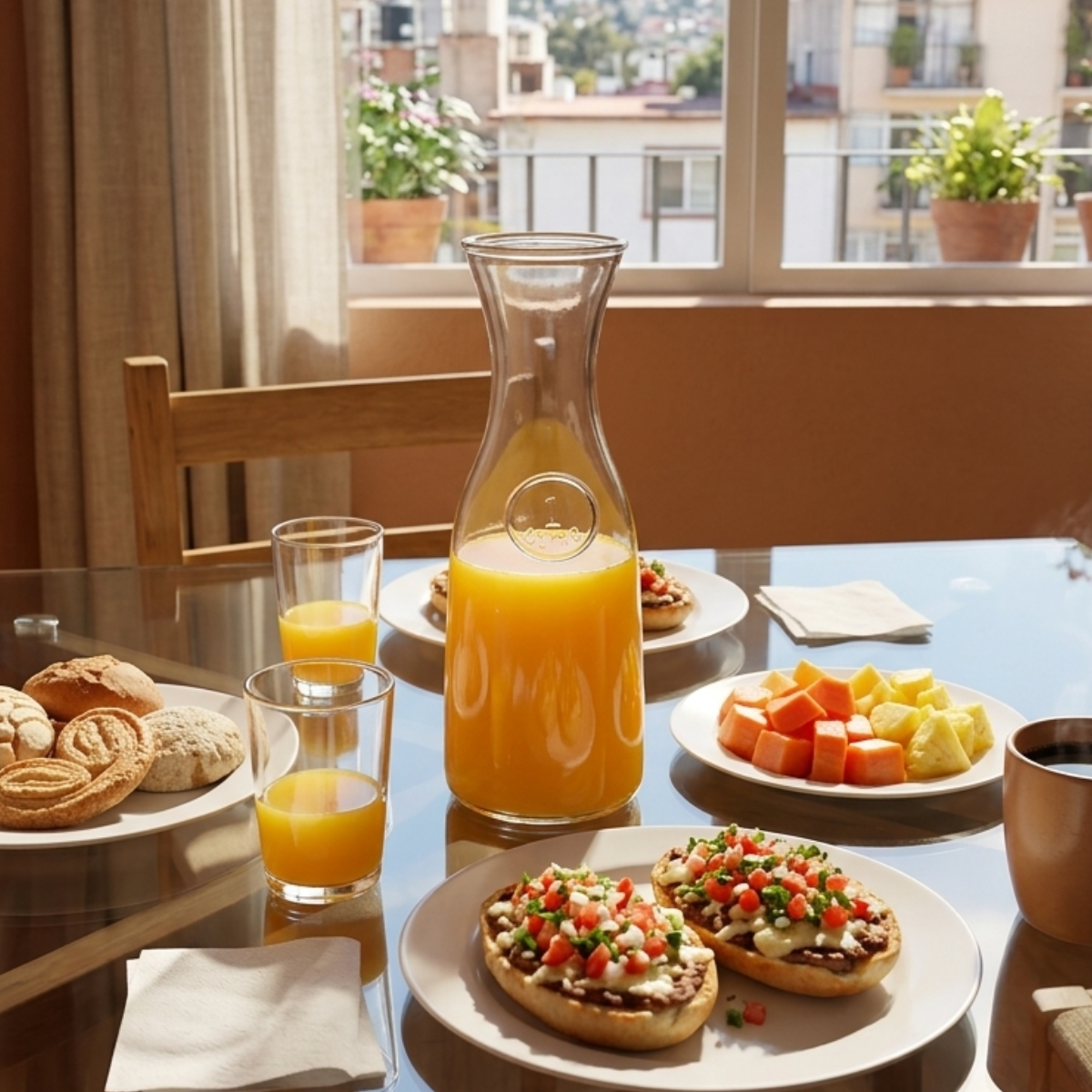 garrafa de vidrio vino de capacidad de un litro en una mesa de vidrio en un desayuno en la ciudad 