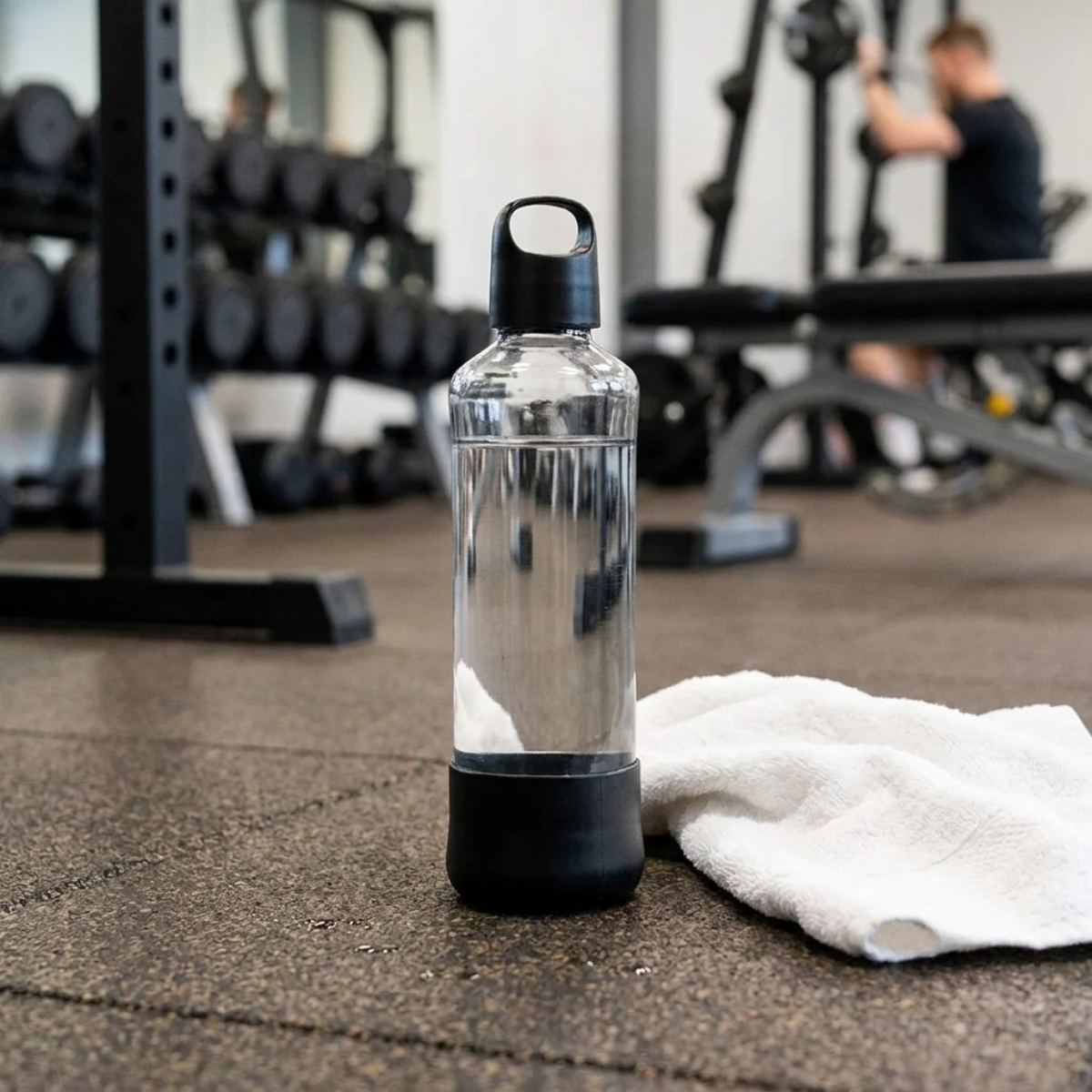 botella de vidrio en piso de gimnasio uso diario resistnte con protector de varios colores 