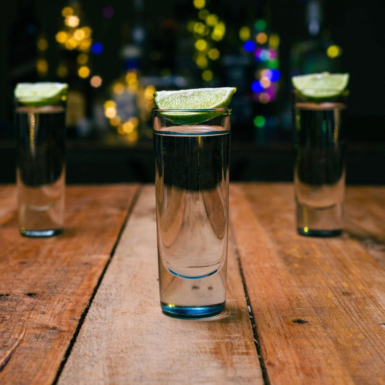tequileros de vidrio altos de base gruesa con tequila y limon