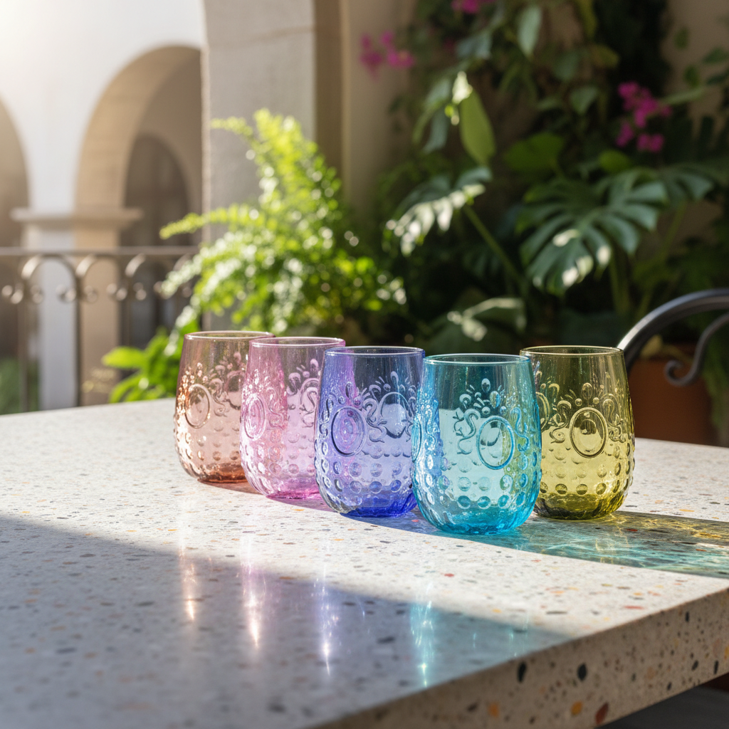 baroque vasos de vidrio 6 piezas en terraza de mexico.
