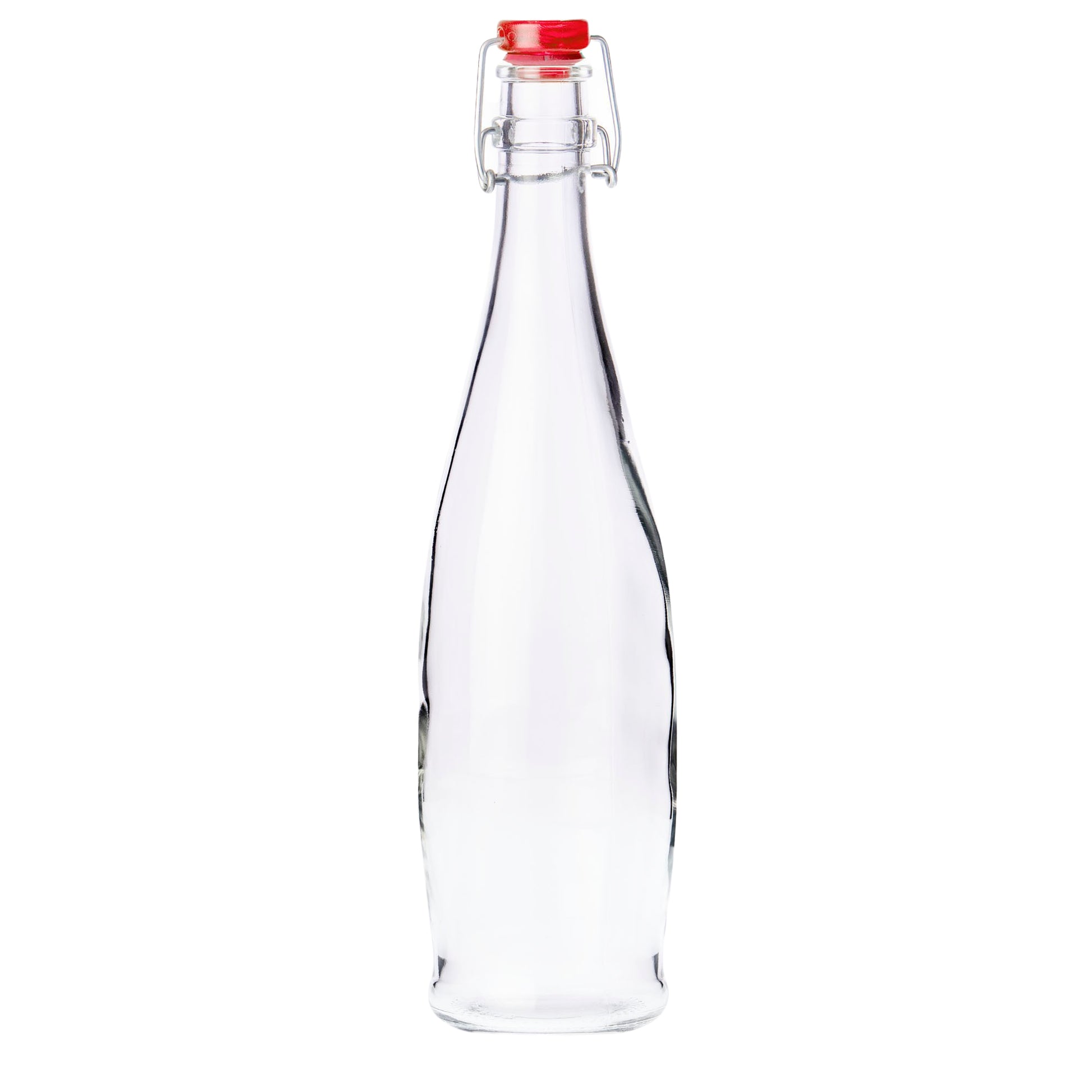 botella de vidrio con tapa roja hermetico en fondo blanco