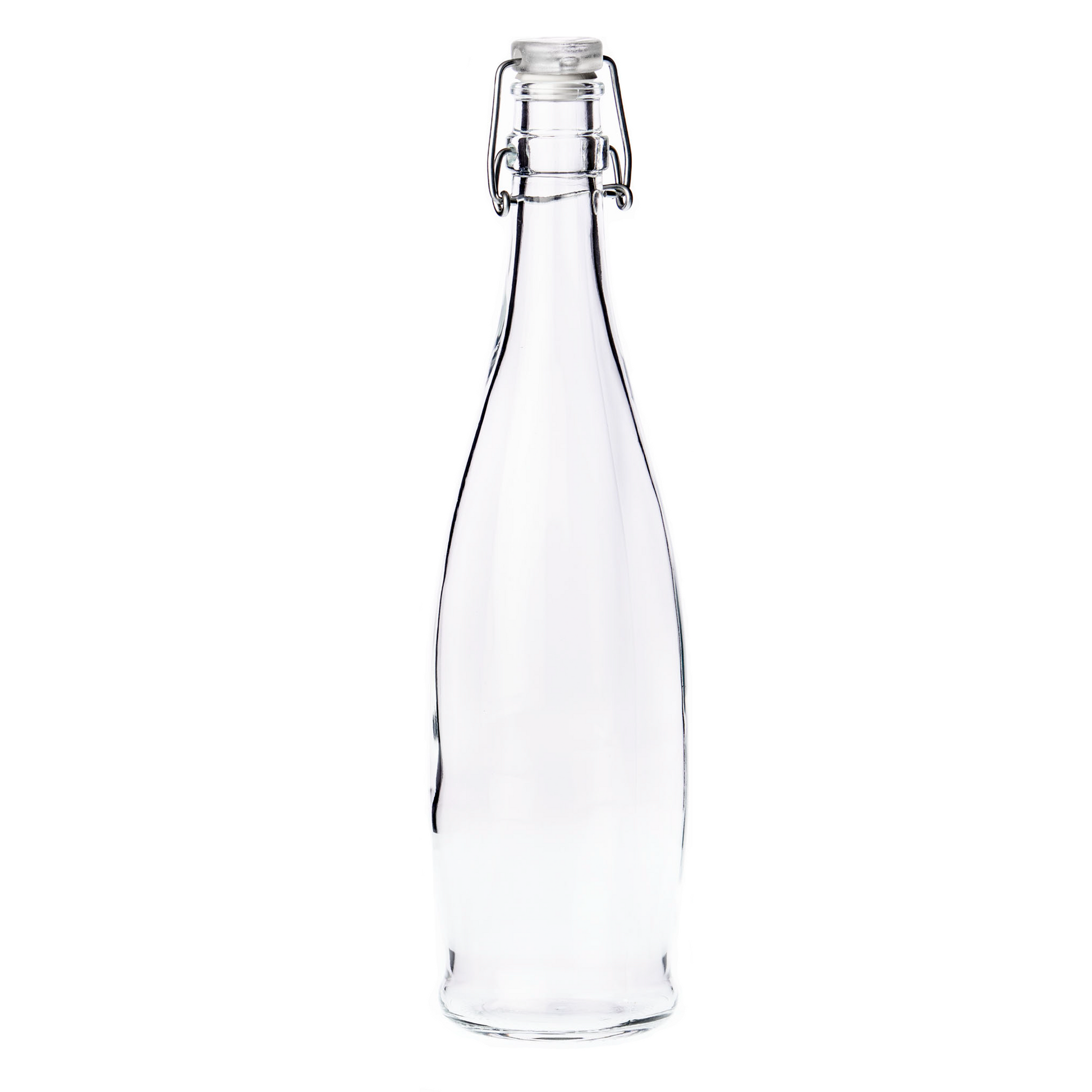 botella de vidrio con tapa hermetica transparente en fondo blanco