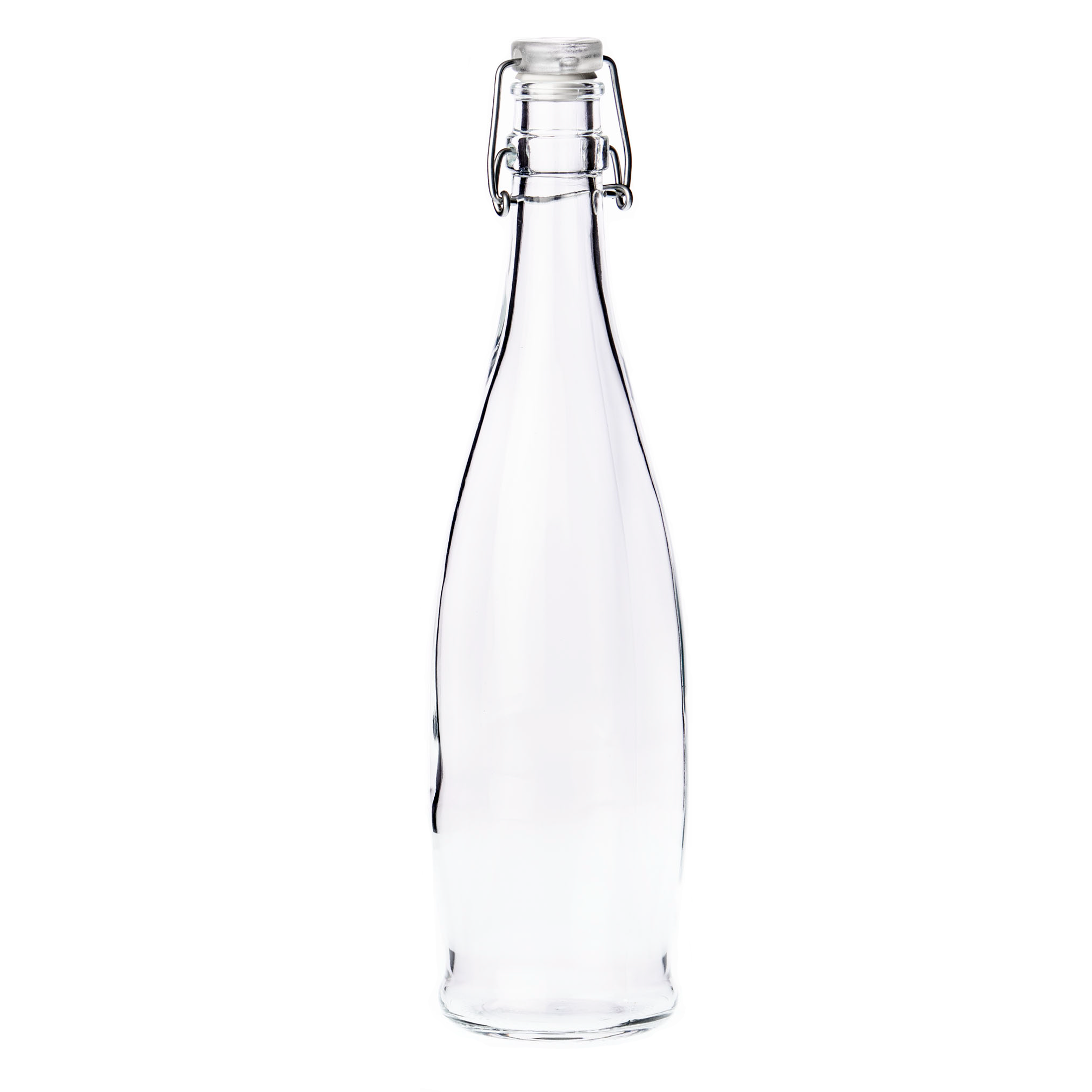 botella de vidrio con tapa hermetica transparente en fondo blanco