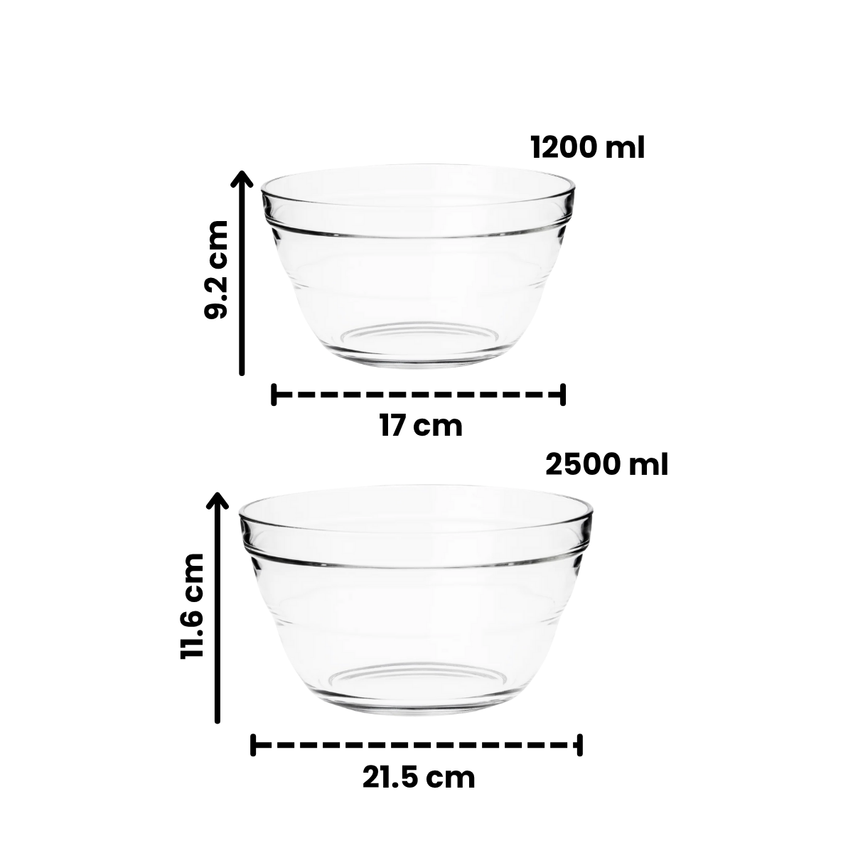 medidas de dos tazones de vidrio apilables en fondo blanco