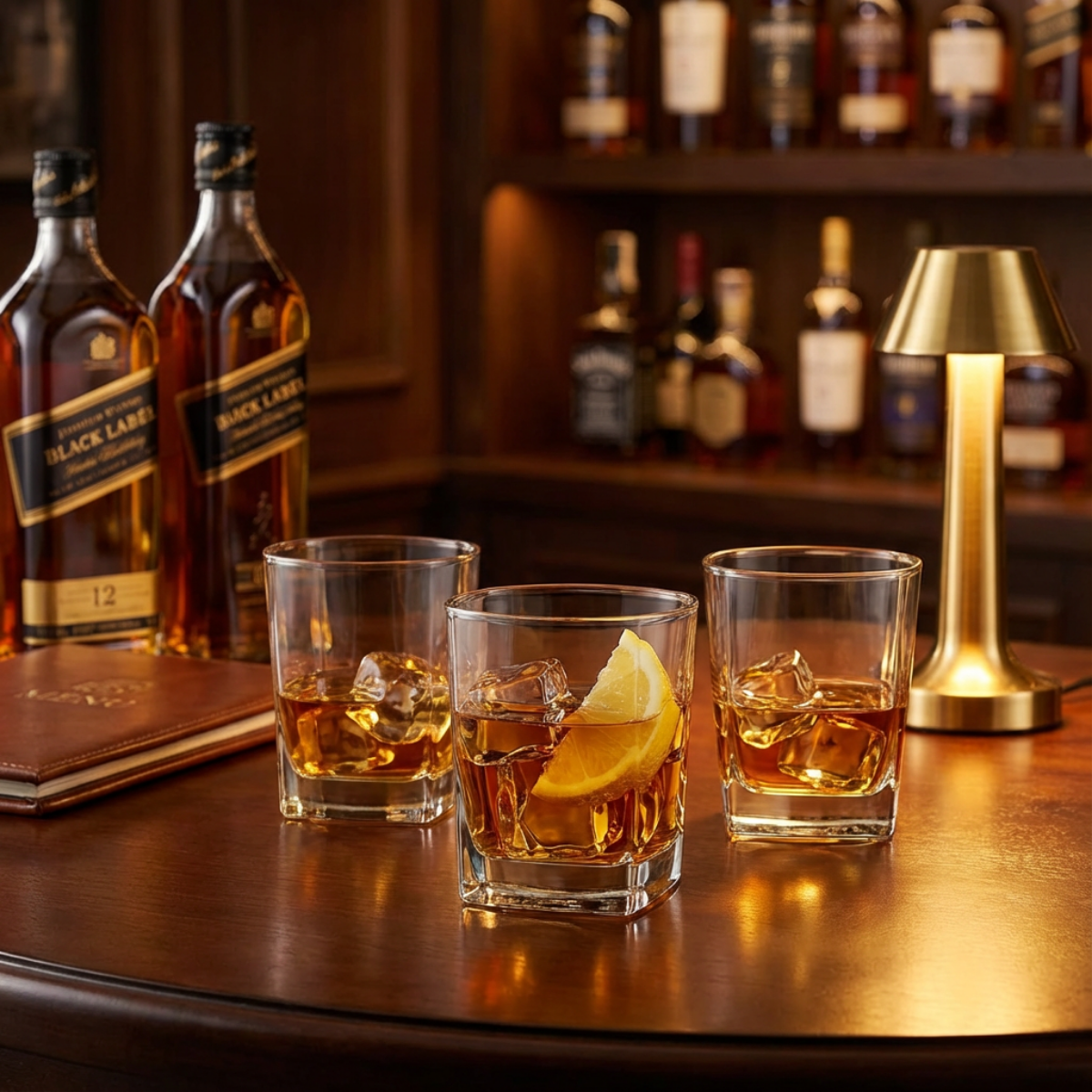 Juego de 12 vasos City Whisky DOF de vidrio con whisky y hielo en barra elegante