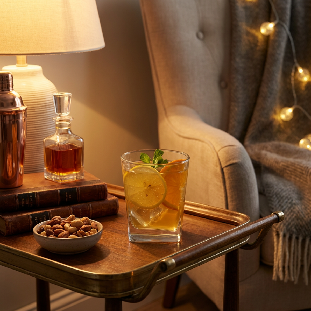 Vaso City Whisky DOF de vidrio de 360 ml con cóctel servido en mesa lateral con ambiente cálido