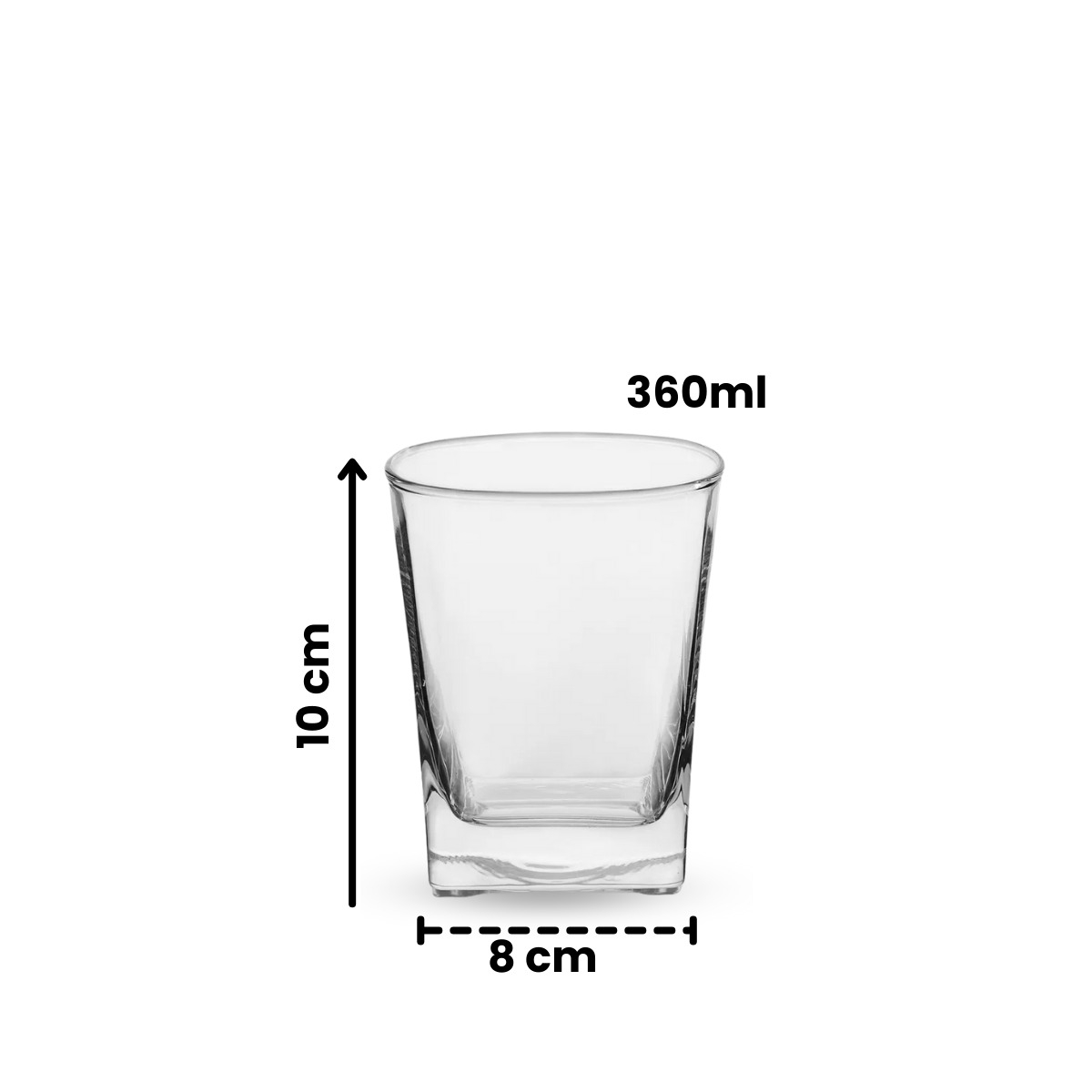 Vaso City Whisky DOF de vidrio mostrando medidas y capacidad de 360 ml
